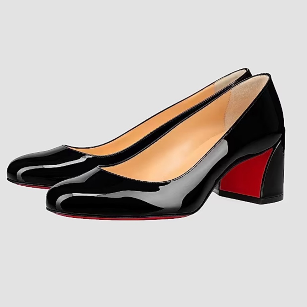 New Christian Louboutin Black Patent Leather Block Heel Pumps with Red Accent
